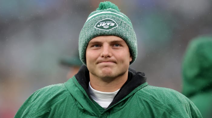 New York Jets quarterback Zach Wilson (2) reacts on the sideline during the first quarter of a game against the Atlanta Falcons.